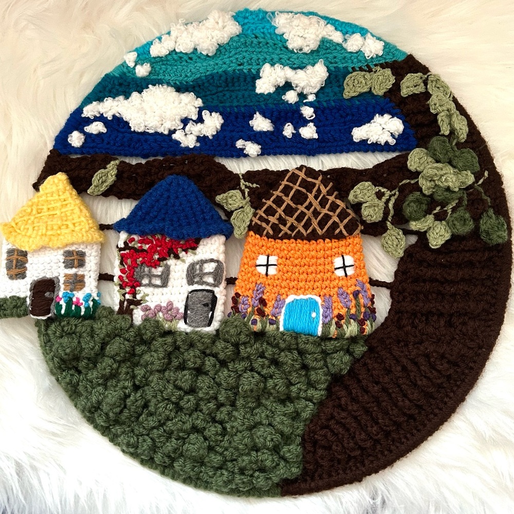 Handmade Crochet Embroidery Colorful Village Wall Art | Houses, Leaves, Clouds